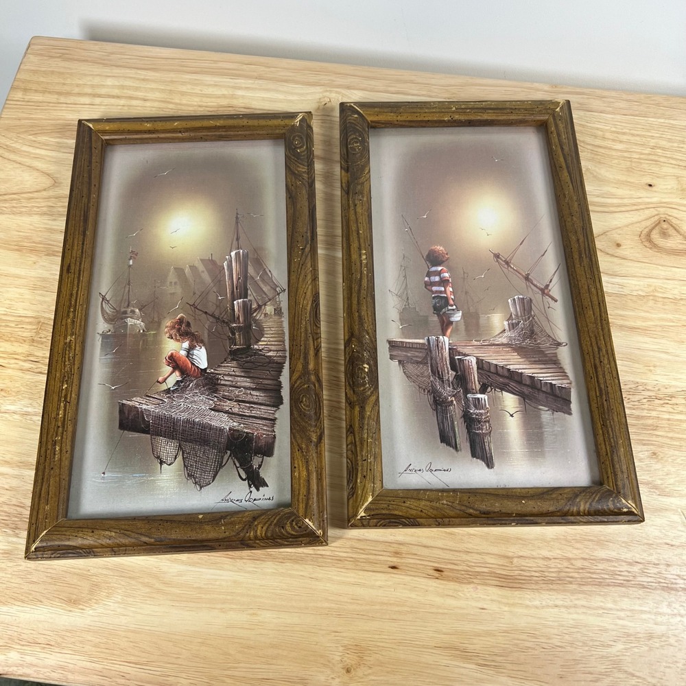 Vintage Andres Orpinas Framed Lithograph Prints Pair Coastal Harbor Children Art